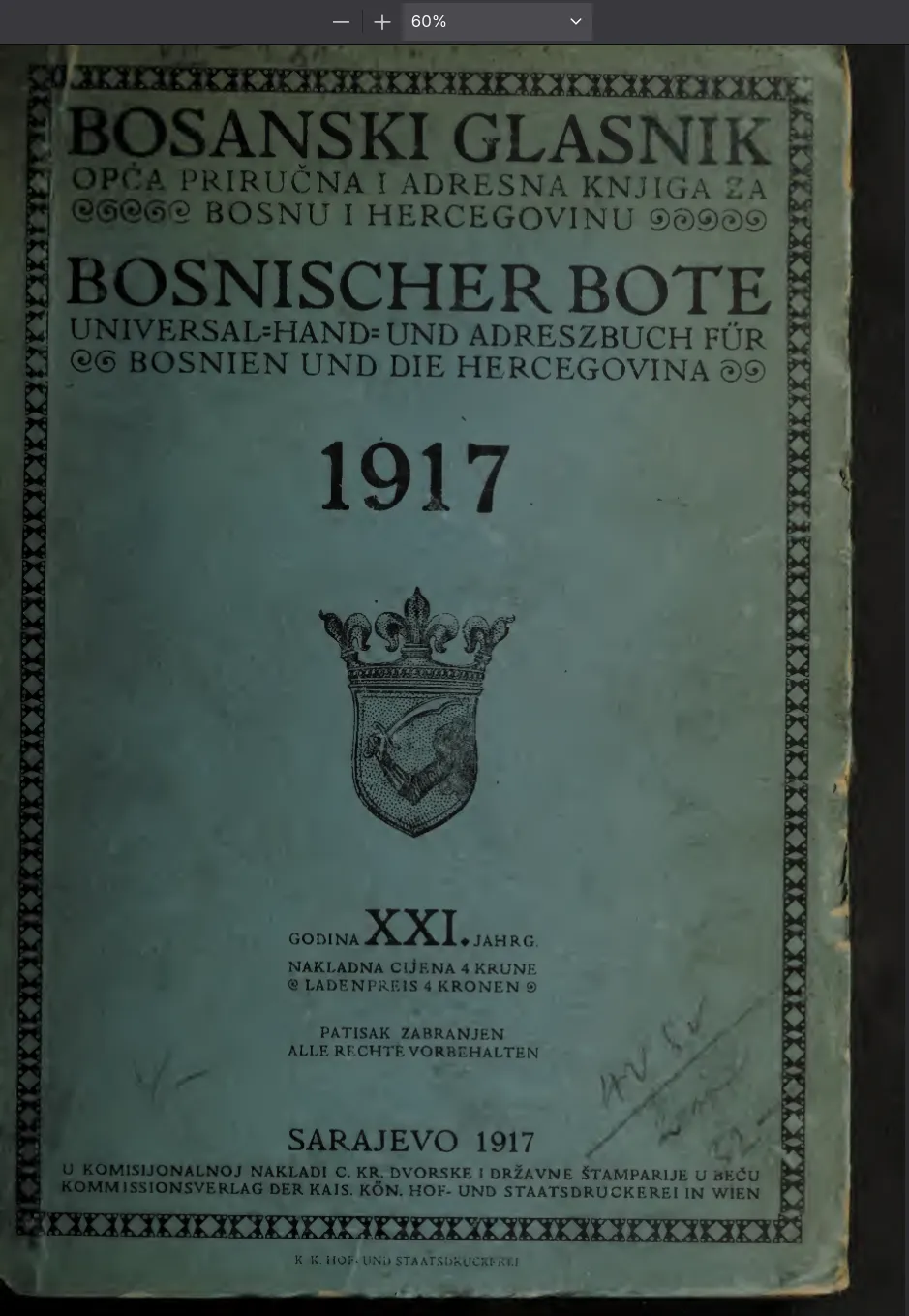 Copertina del Bosanski glasnik / Bosnischer Bote del 1917
