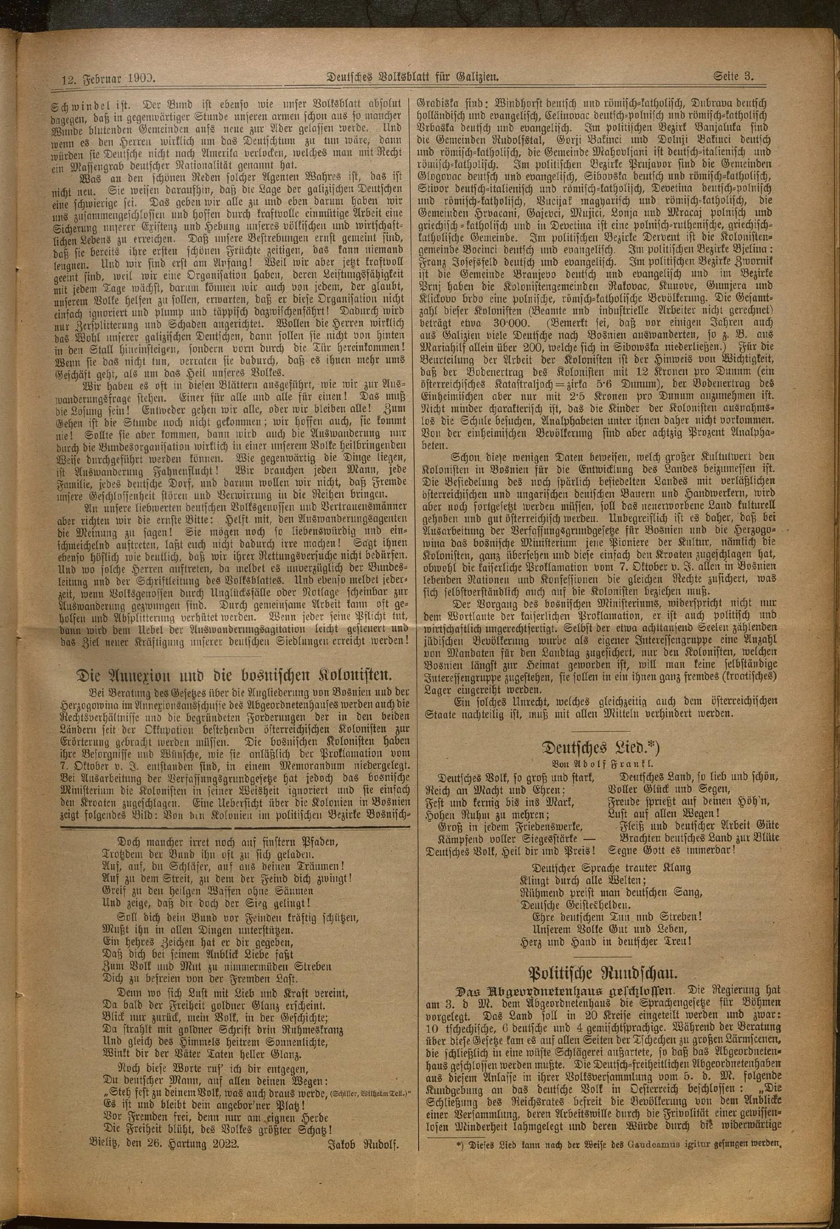 Pagina 3 del Deutsches Volksblatt für Galizien del 12 febbraio 1909, con l’articolo Die Annexion und die bosnischen Kolonisten, fornito dall'archivio di Leopoli, Ucraina