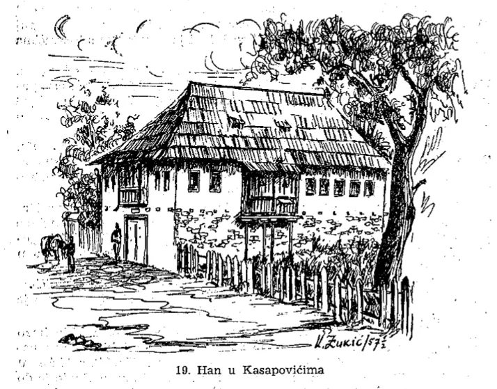 Disegno del han di Kasapovići, con edificio a due piani e tetto spiovente