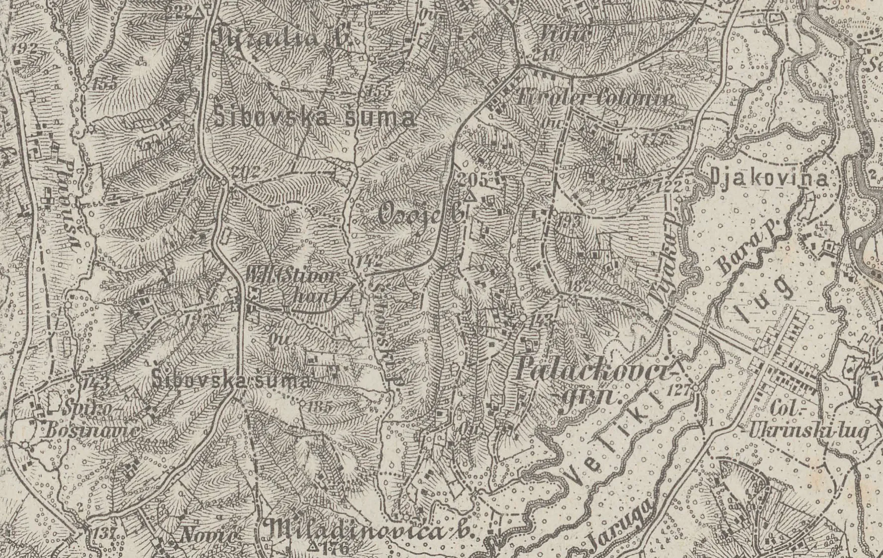 Seconda mappa con Han Stivor, Tiroler Colonie e l’insediamento di Stivor lungo la strada