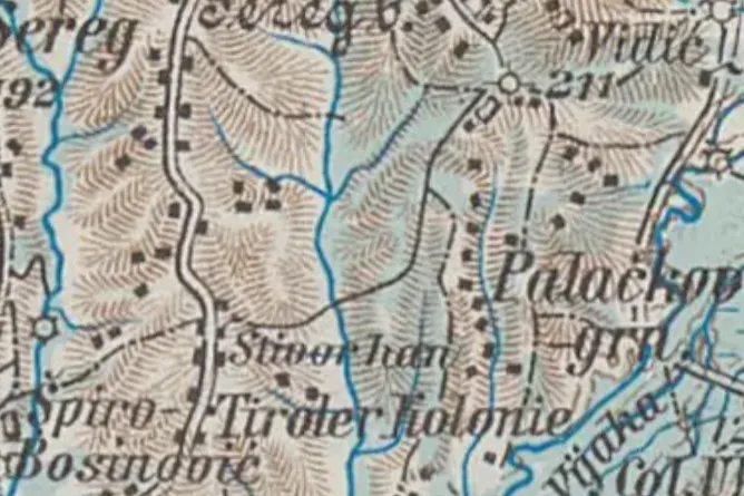Mappa storica con Stivor han e Tiroler Colonie lungo la rete stradale e idrografica