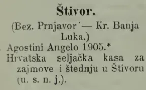 Voce Štivor dell’annuario 1917 con Agostini Angelo e la Hrvatska seljačka kasa