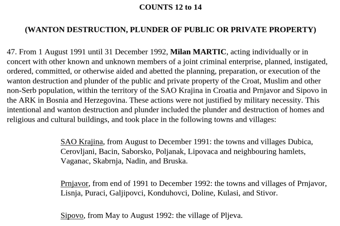 Estratto in inglese dell’atto d’accusa contro Milan Martić: capi da 12 a 14, paragrafo 47, con Stivor nell’elenco delle località
