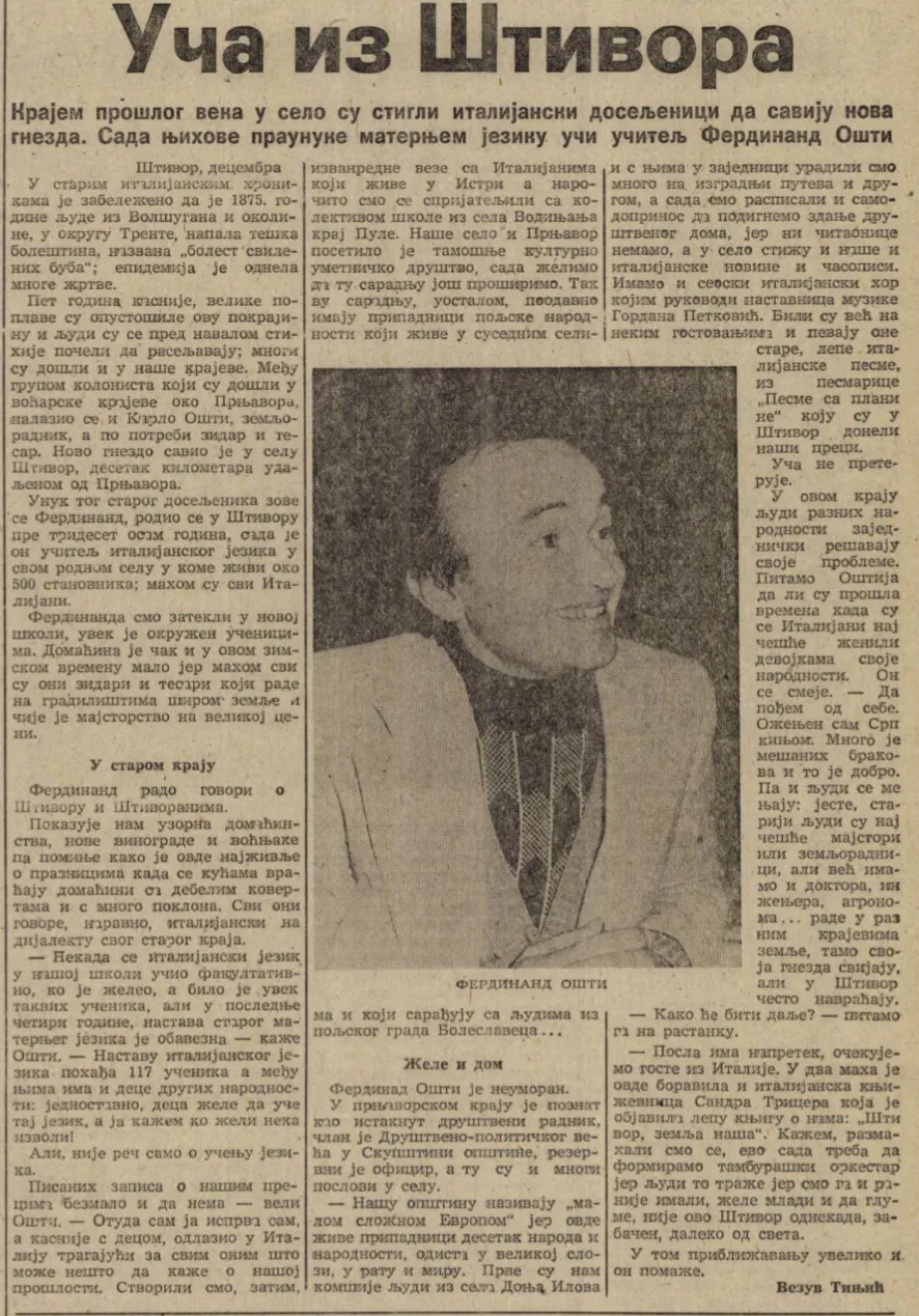 Articolo in cirillico Uča iz Štivora con un ritratto del maestro Ferdinando Osti